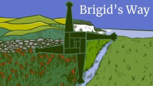 Illustration of Bridget's cross in front of Irish landscape